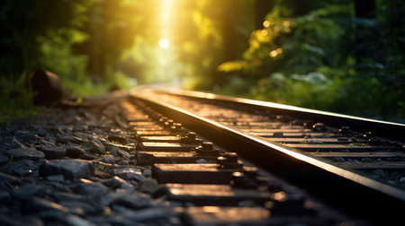 a train tracks with sunlight through shining the trees.の素材