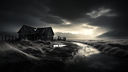 a house in a field with a puddle of water.の素材