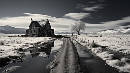 a house next to a puddle of water.の素材