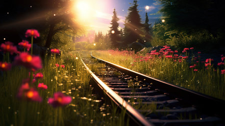 a train tracks through a forest.の素材