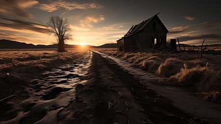 a dirt road leading to a barn and a tree.の素材