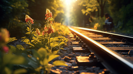 a train tracks with flowers and plants in the foreground.の素材