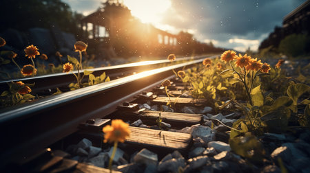 flowers growing on the railway tracks.の素材