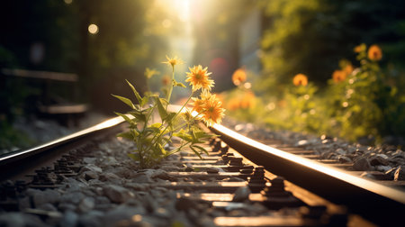 a yellow flowers growing on train tracks.の素材