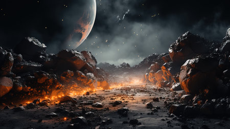 a rocky landscape with a planet in the background.の素材
