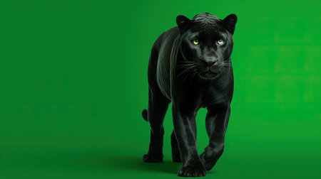 a black panther walking on a green background.の素材