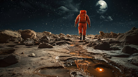 an astronaut walking on a rocky surface.の素材