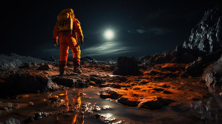 a person in an orange suit walking on a rocky surface.の素材