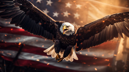 a bald eagle flying in the air with a flag in the background.の素材