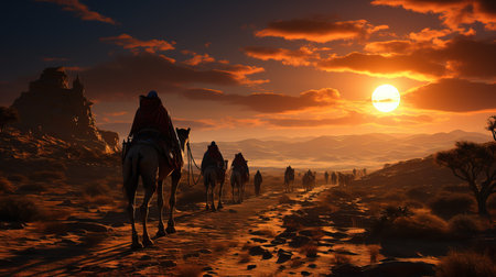 a group of people riding camels on a dirt road.の素材