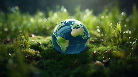 a blue globe on grass.の素材
