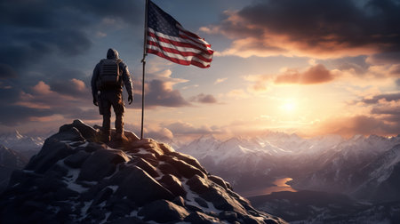 a man standing on a mountain with a flag.の素材