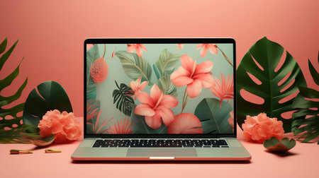 a laptop with a pink screen.の素材