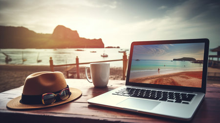 a laptop and a mug on a table.の素材