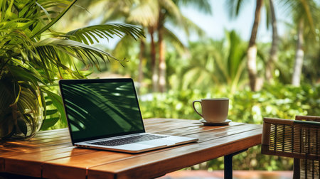 a laptop and a cup on a table.の素材