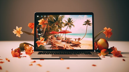 a laptop with a beach scene on the screen.の素材