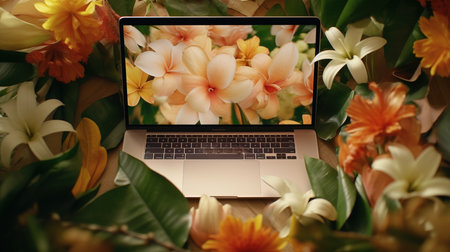 a laptop with flowers on the screen.の素材