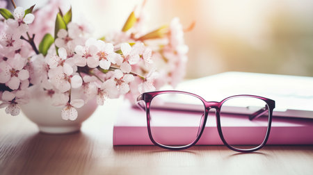 a pair of glasses on a book next to a vase of flowers.の素材