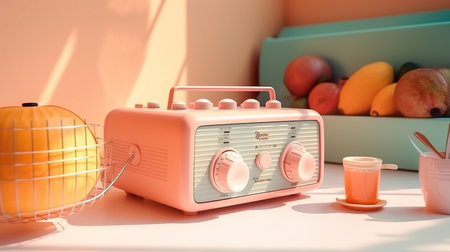 a pink radio with knobs and a cup of juice.の素材