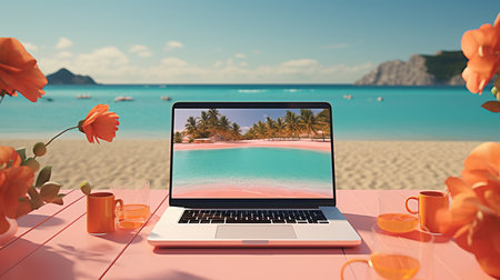 a laptop on a table with a beach and a cup of tea.の素材