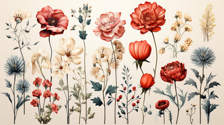 a group of flowers with leaves.の素材