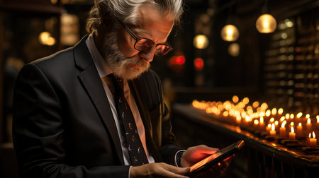 a man in a suit and tie looking at a cellphoneの素材