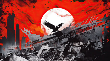 a black and white image of a bird flying over a red and white moonの素材