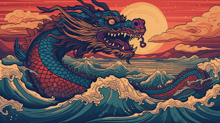 a dragon in the water. Generative AI Art.の素材