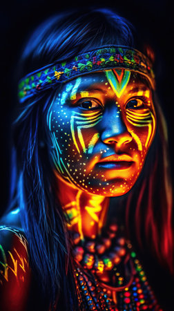 a woman with fluorescent paint on her faceの素材