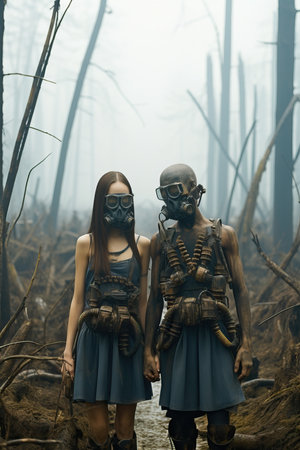 a man and woman wearing gas masks and standing in a forestの素材