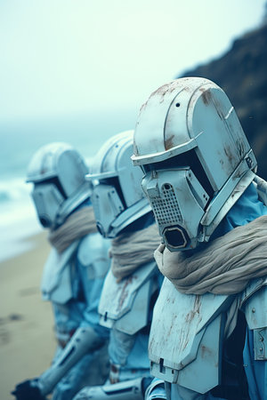 a group of people wearing clothing on a beachの素材