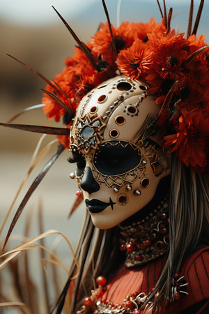 a woman wearing a mask with flowersの素材