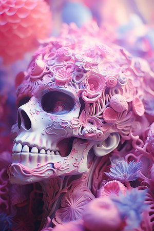 a skull with flowers and shellsの素材