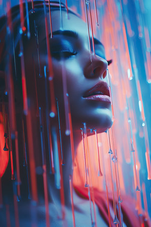 a woman with closed eyes and a curtain of waterの素材