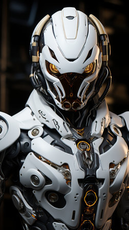 a robot with yellow eyes and a black backgroundの素材