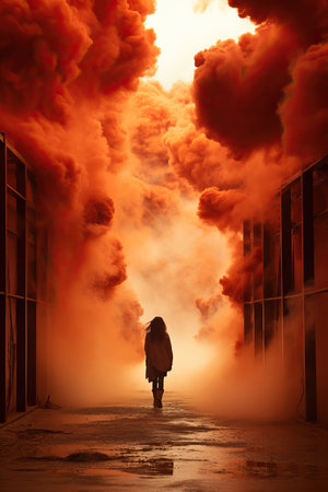 a woman walking in a tunnel with smokeの素材