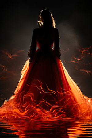 a woman in a dress with a fire in the backgroundの素材