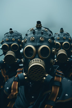 a group of people wearing gas masksの素材