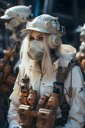 a woman wearing a white hat and maskの素材