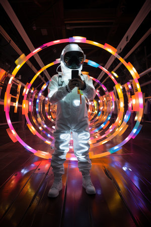 a person in a space suit with a phone in front of colorful lightsの素材