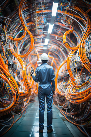 a man in a hard hat standing in a room with wiresの素材