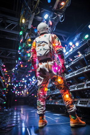 a person in a space suit with lights around their backの素材