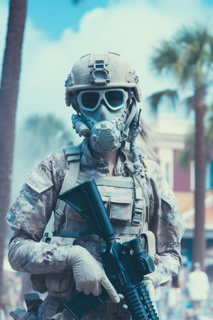 a person in military uniform and mask holding a rifleの素材