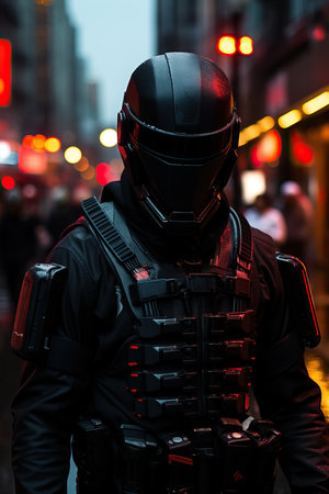 a person wearing a black helmet and vestの素材