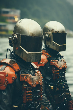 two people wearing helmets and standing next to each otherの素材