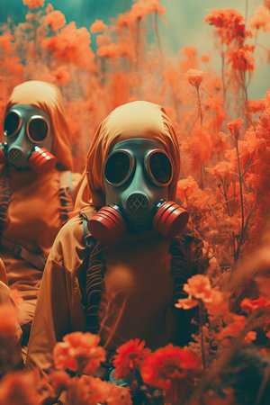 people wearing gas masks and standing in a field of orange flowersの素材