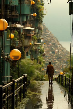 a man walking down a path in the rainの素材
