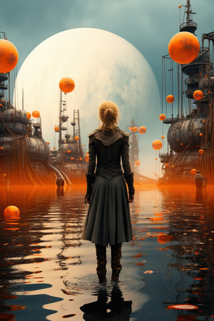 a woman standing in water looking at a large moonの素材