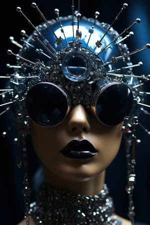 a mannequin wearing a blue and silver hat with large round glassesの素材
