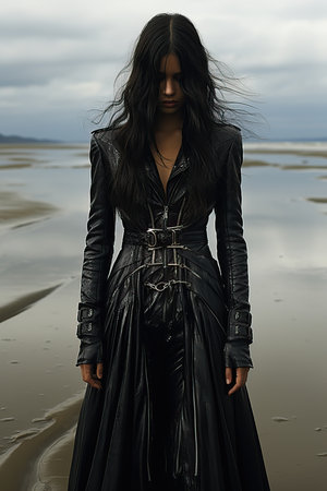 a woman in a black leather coatの素材